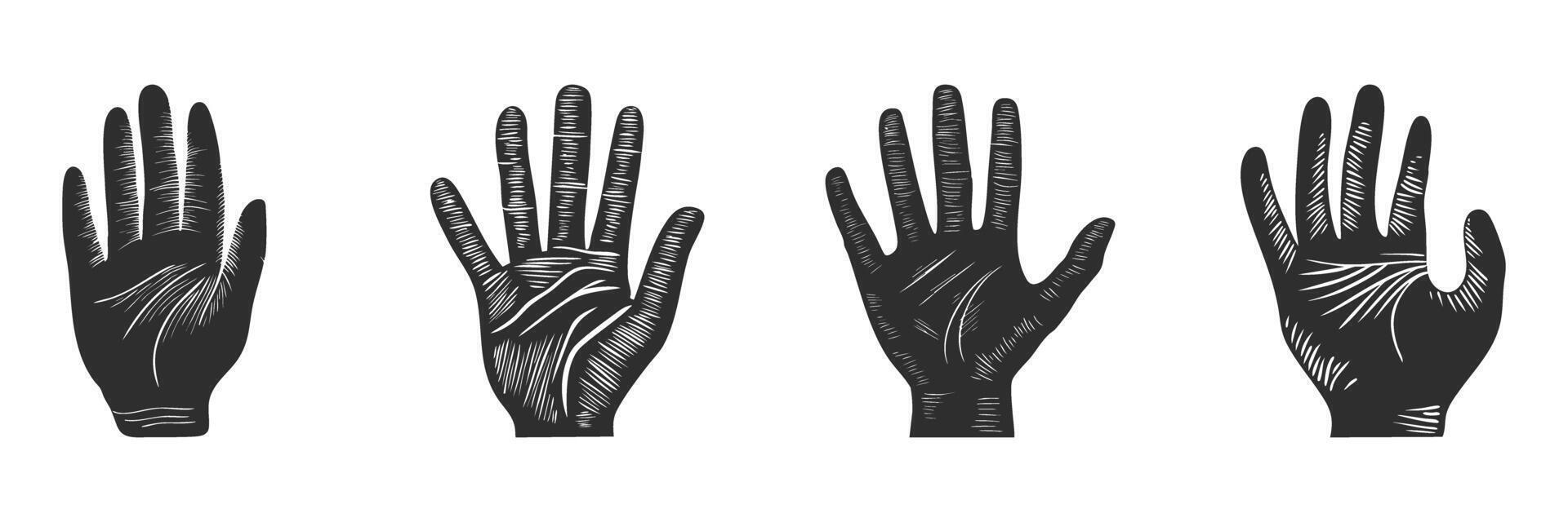 Hand Palm Silhouettes Set. Vintage Style Illustrations Of Open Hands For Palmistry And Design. Isolated Illustration Collection vector