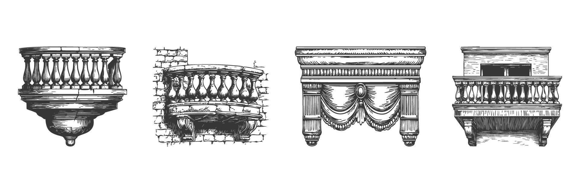 Vintage Balcony Design Illustration Set. Architectural Elements And Classic Style In Hand Drawn Sketch Style. Isolated Illustration vector