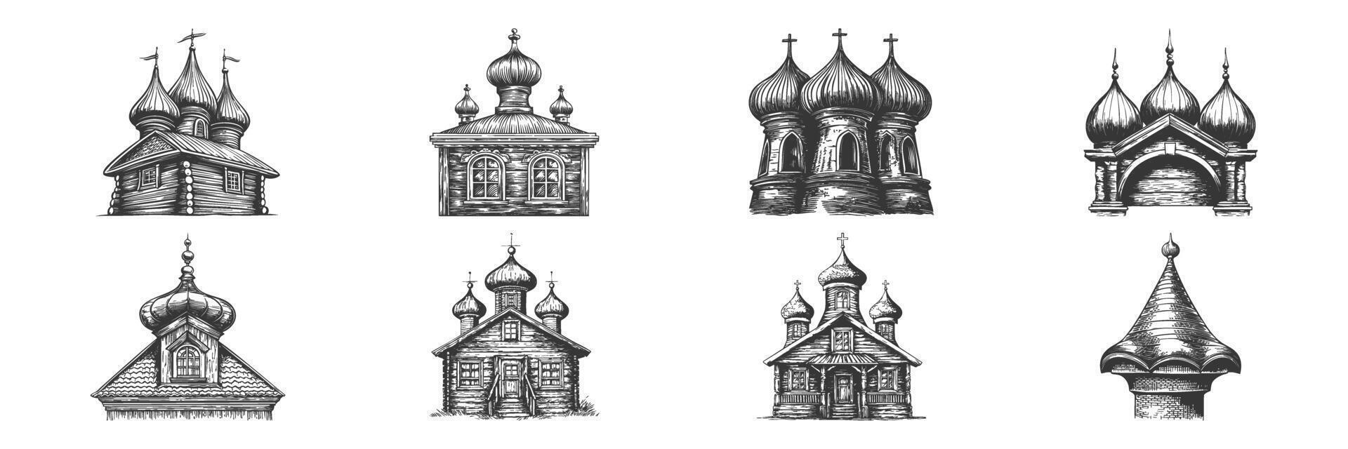 Russian Orthodox Church Architecture Illustration Set In Vintage Style. Cultural Heritage And Religious Symbolism In Hand Drawn Sketch Style. Isolated Illustration vector