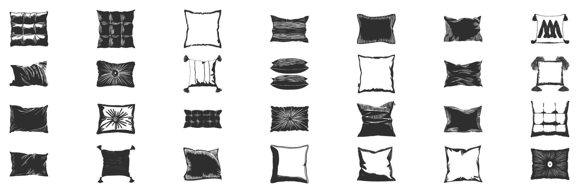 Decorative Pillow Silhouette Set. Variety Of Cushion Designs For Home Decor And Interior Styling. Isolated Illustration Collection vector