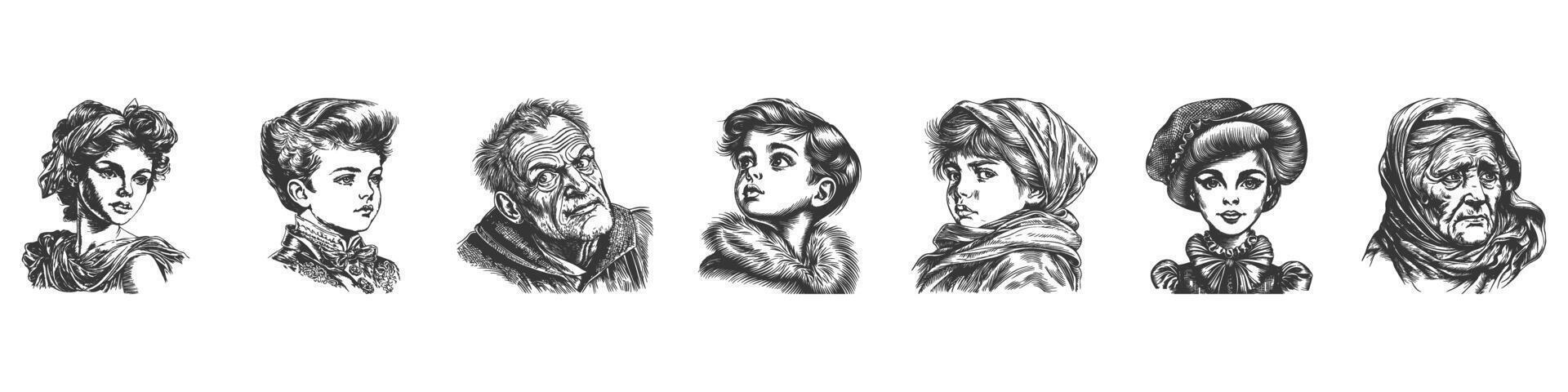Vintage Portrait Collection Of Diverse Characters. Illustrating Historical Fashion And Expressions In Hand Drawn Sketch Style. Isolated Illustration vector