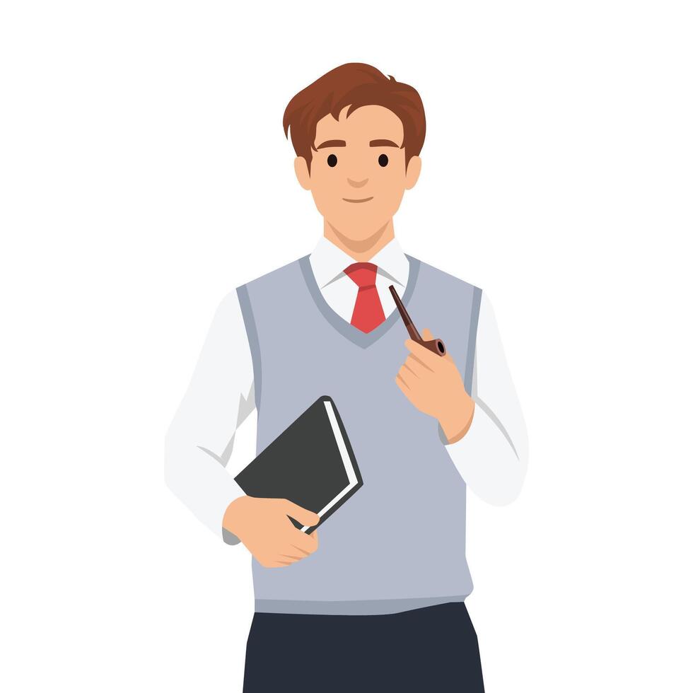Businessman an holds a notebook and a pipe, exuding intelligence, and thoughtful professionalism. vector