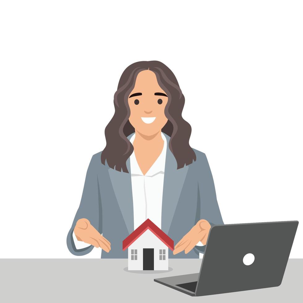 Real estate agent showcases a model house working on laptop, property sales and client service. vector
