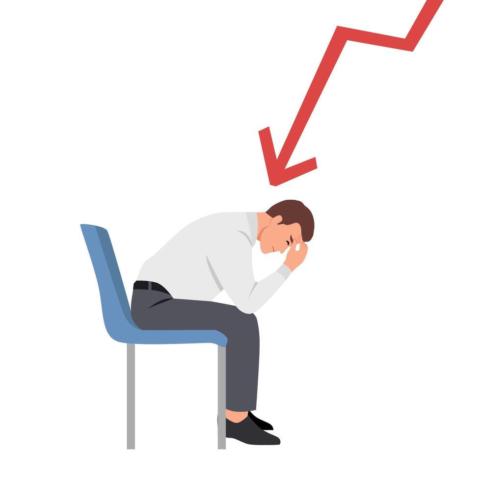 Stressed man sits with his head in his hands as a red downward arrow above, financial loss. vector