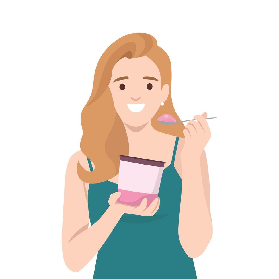 Woman Enjoying a Spoonful of Ice Cream. vector
