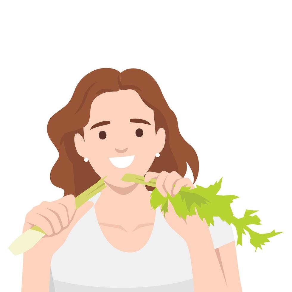 Joyful woman in a white top is taking a crunchy bite of celery. vector