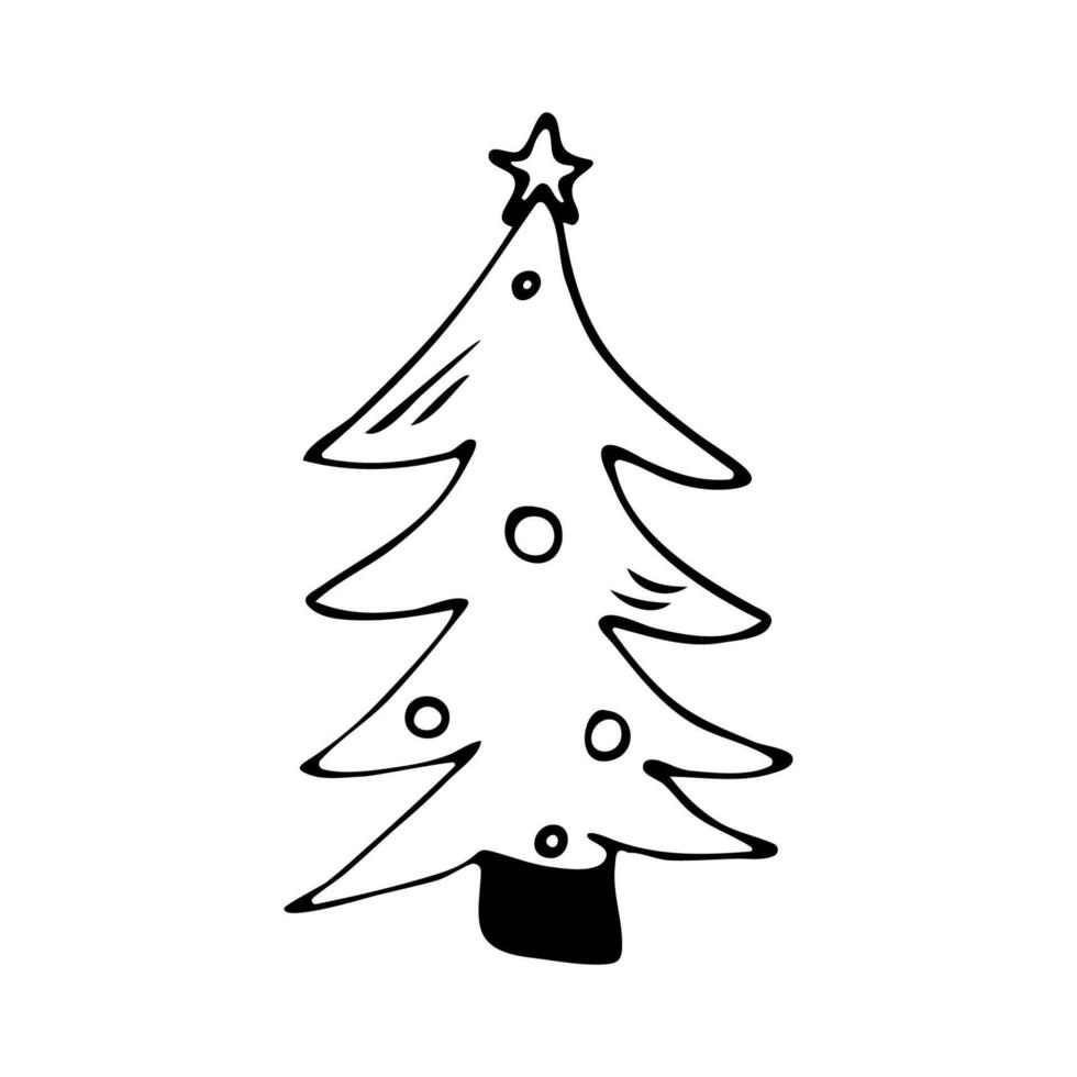 Christmas tree in doodle style on a white background. Outline drawing of a festive plant. Symbol of New Year and Christmas. Winter season. vector