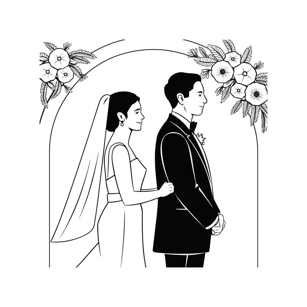 Bride and groom standing under floral archway in black and white drawing vector