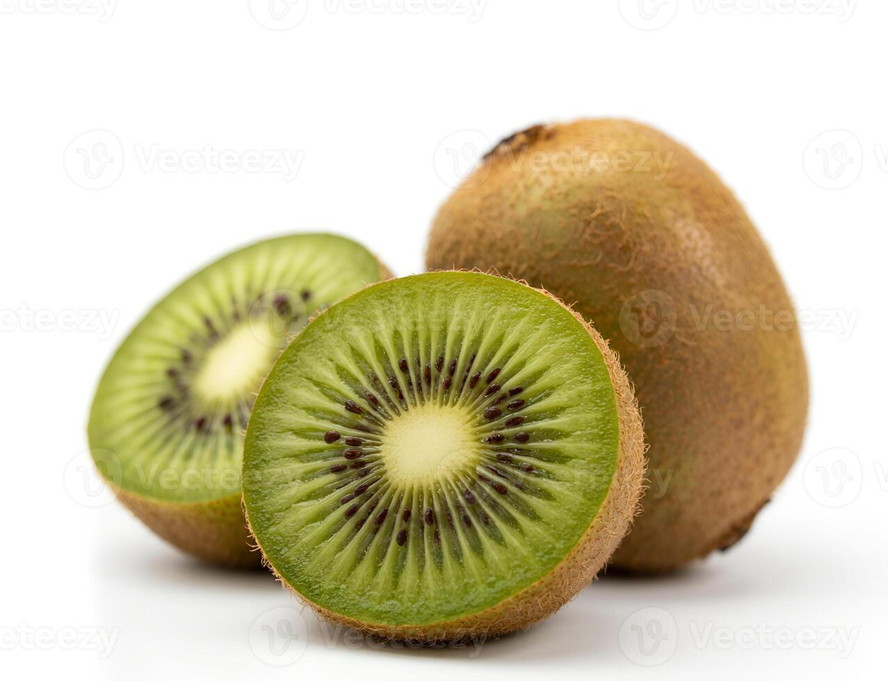 Whole kiwi fruit Juicy kiwi fruit, sliced and his segments on white background photo