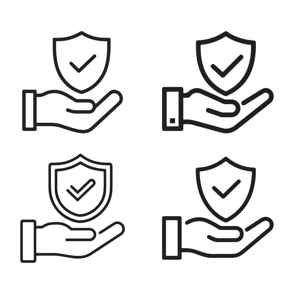 Four illustrations of hands holding shields with checkmarks in black outline vector