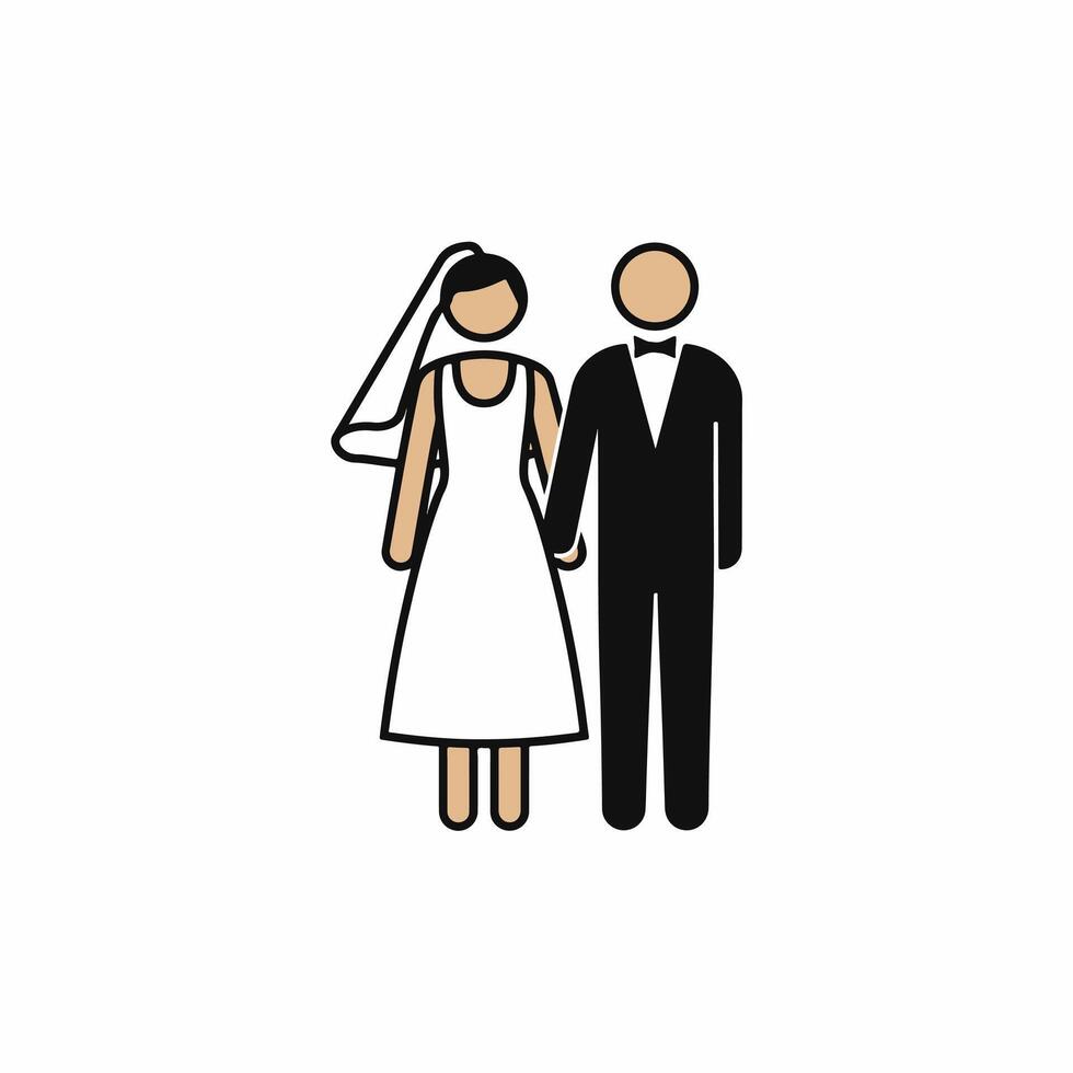 Iconic wedding illustration of a bride and groom holding hands together vector