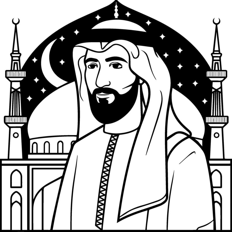 A line art illustration of a man with a beard wearing a white thobe vector