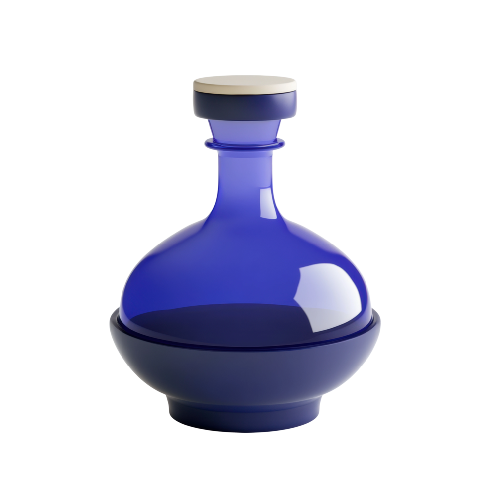 Elegant blue glass decanter with white stopper and modern design png
