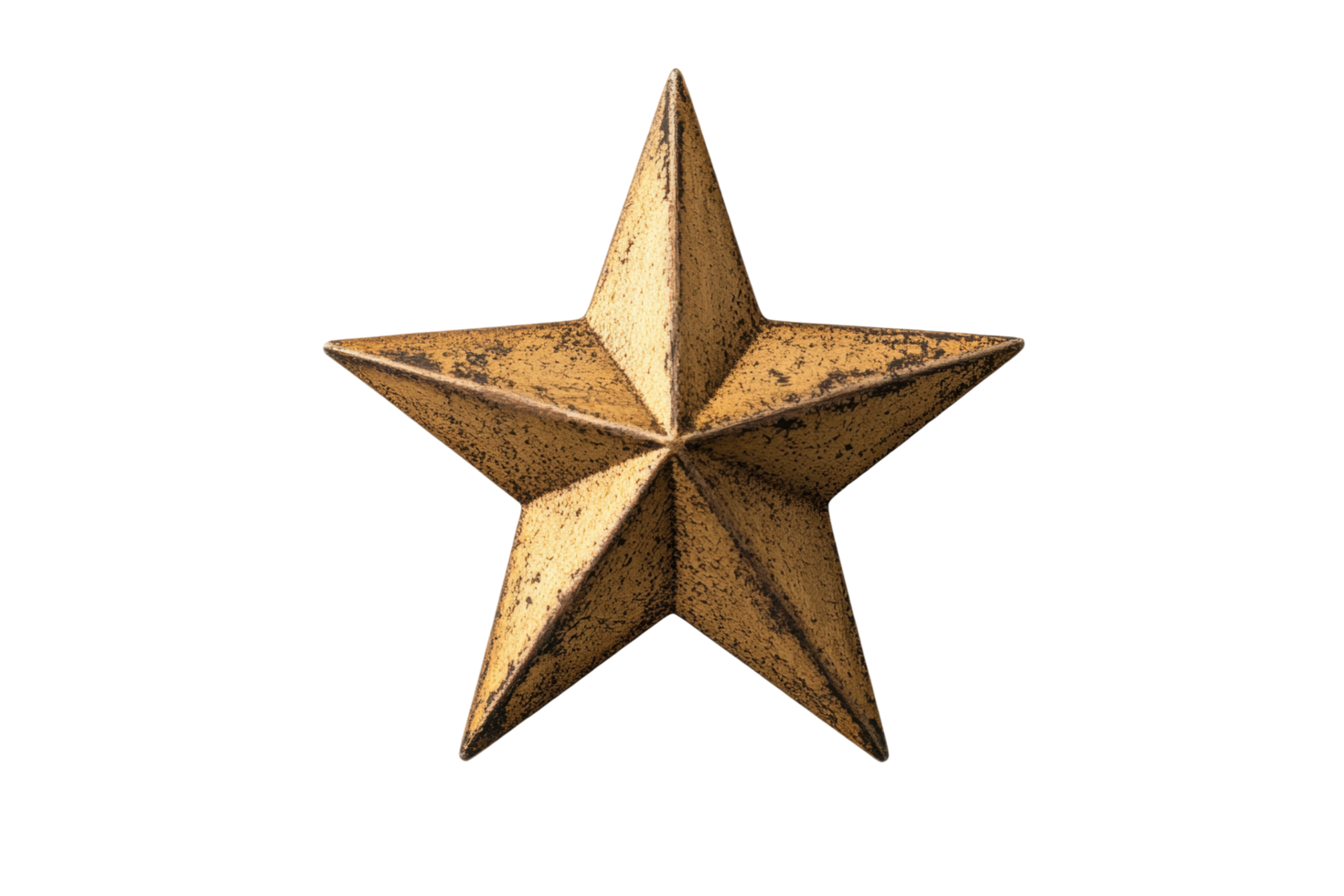 Rustic golden 3d star with weathered metal texture and visible patina png