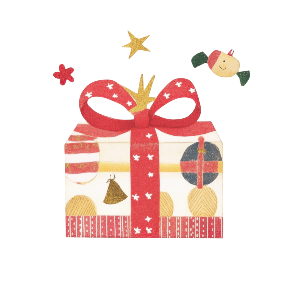 Festive gift box with red ribbon and decorative ornaments png