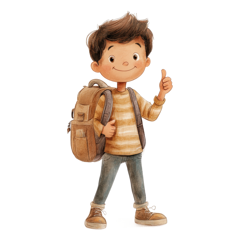 Smiling caucasian boy child with backpack giving thumbs up png