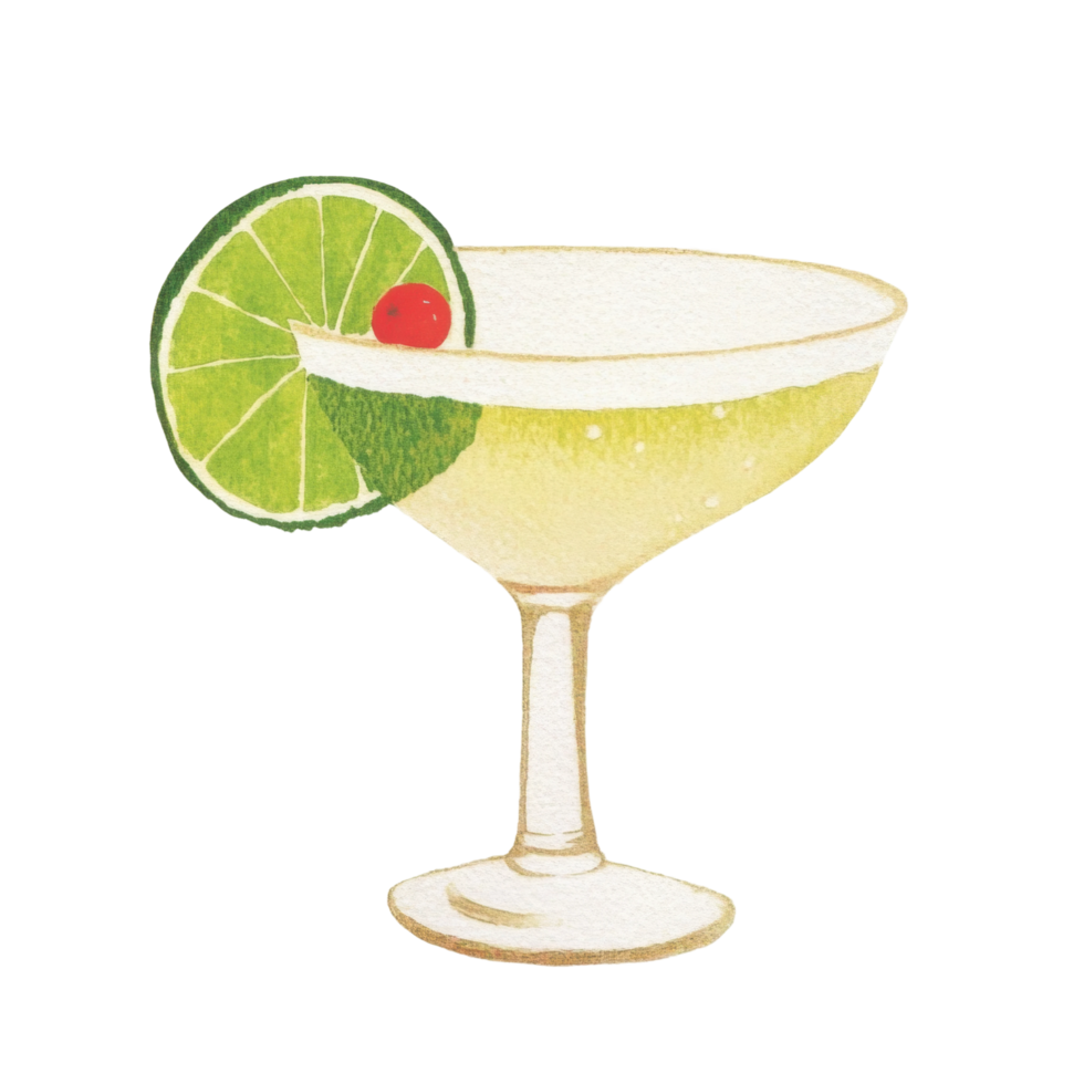 Watercolor cocktail glass with lime and cherry garnish png