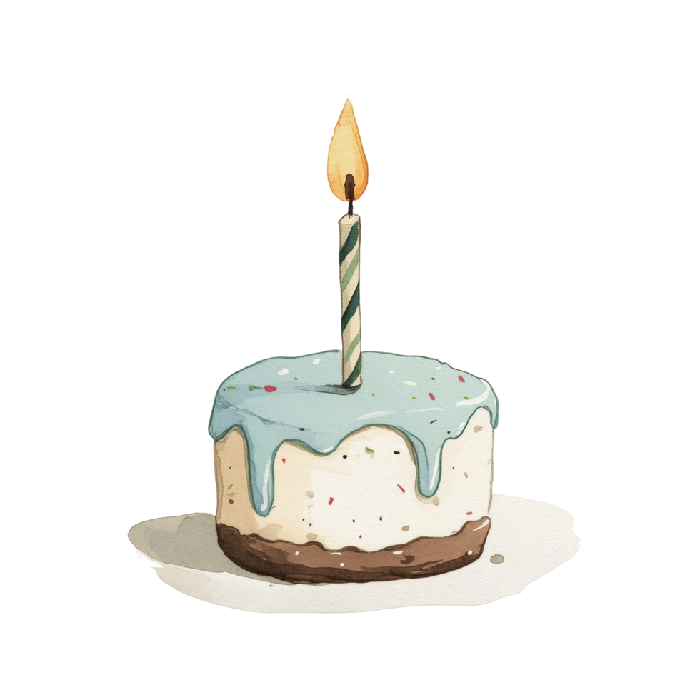 Single lit candle on frosted birthday cake with blue icing png
