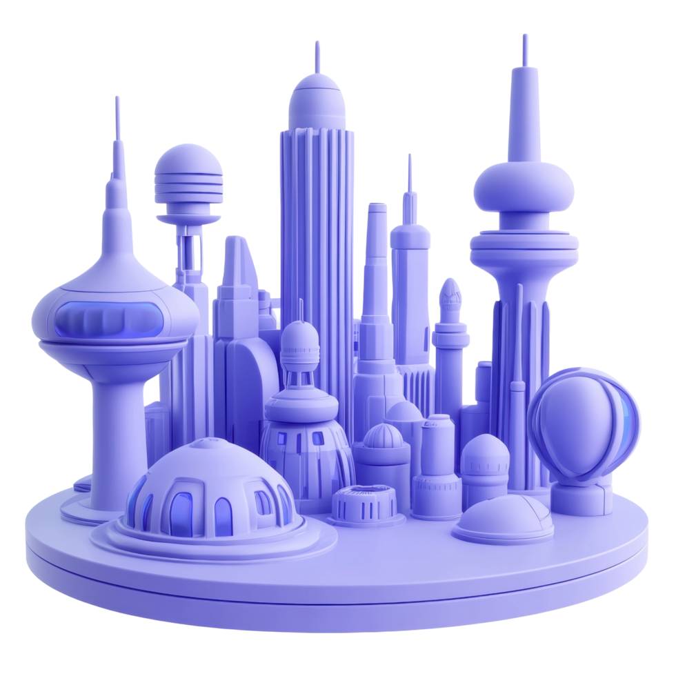 Futuristic cityscape with towering skyscrapers and spherical structures png