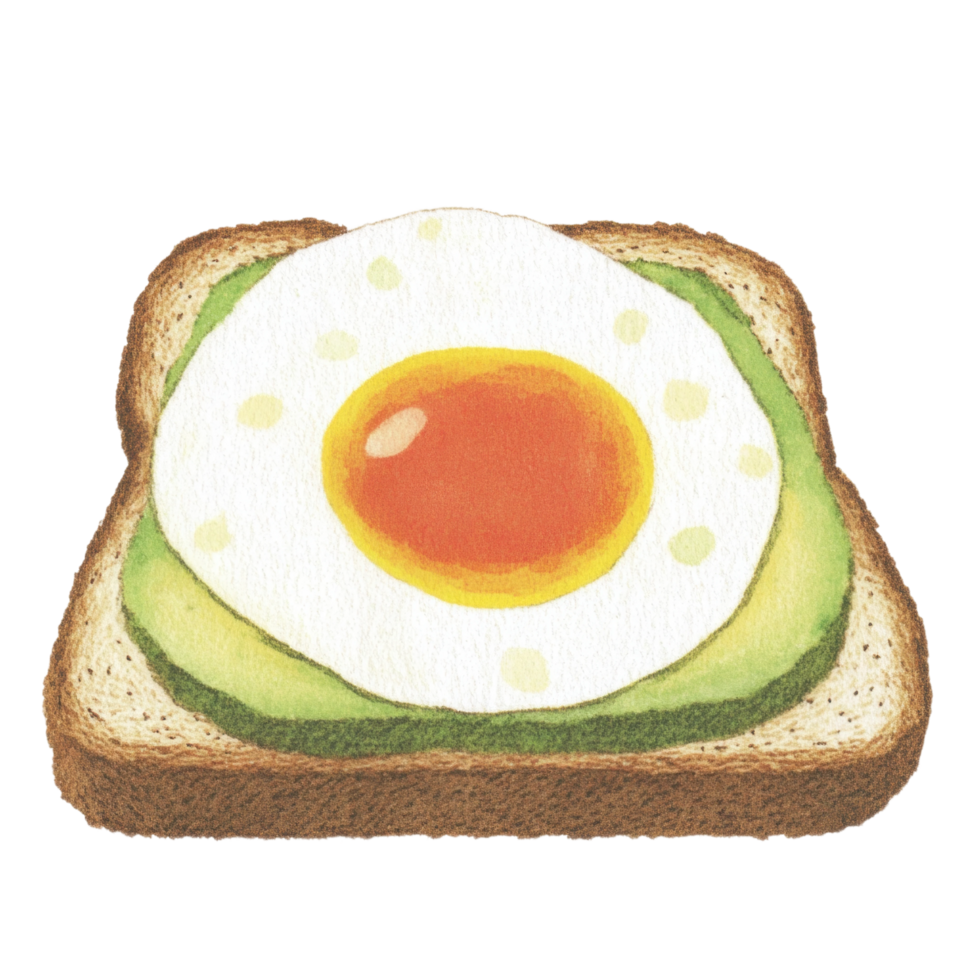 Toast with avocado slices and sunny side up egg on top png