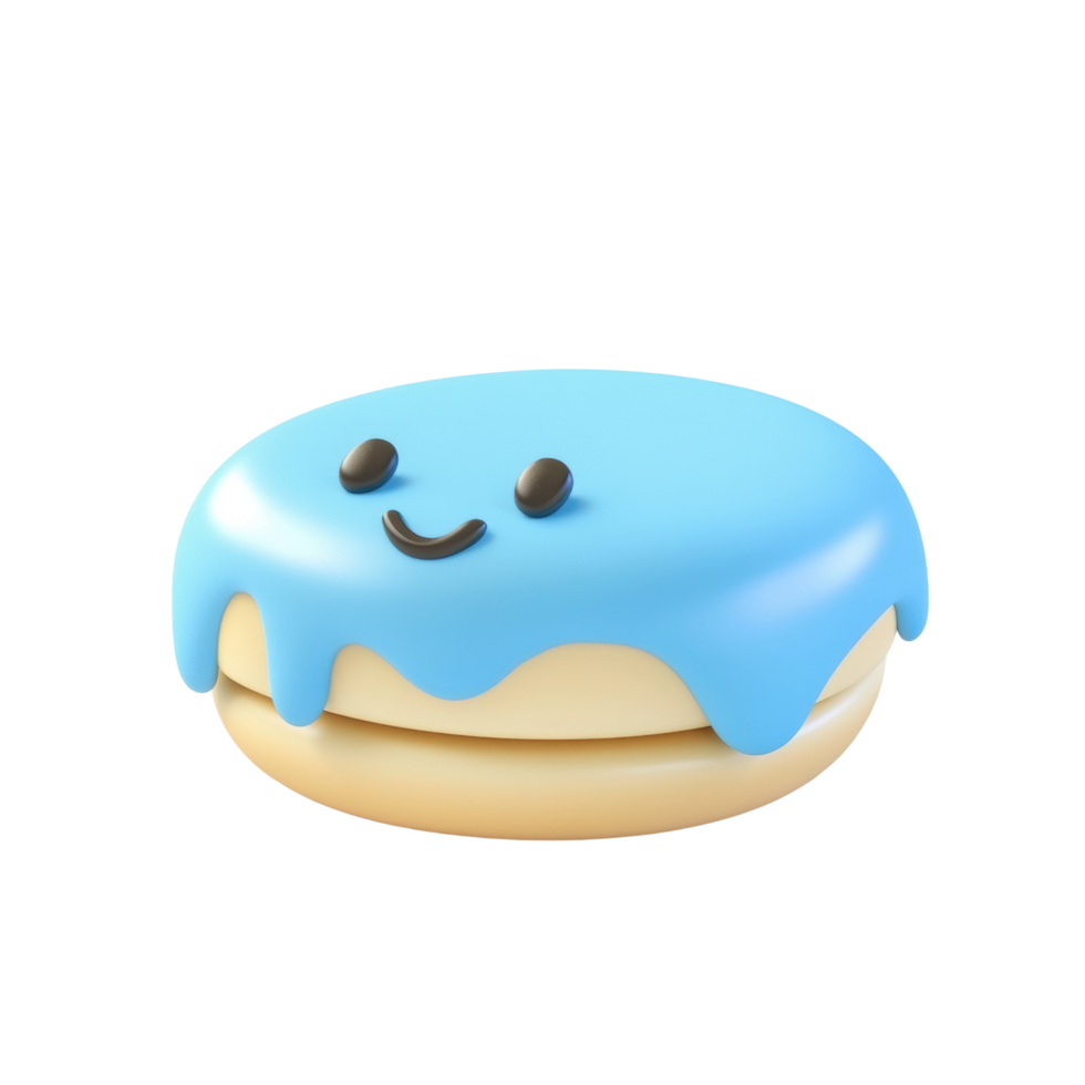 Smiling blue frosted donut with cute chocolate eyes and happy expression png