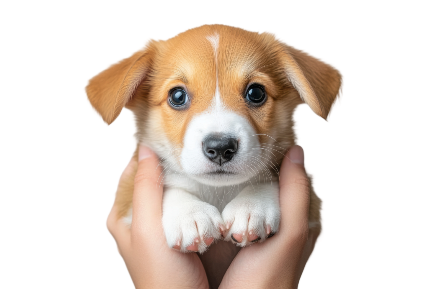 Adorable puppy held in hands displaying innocent expression png