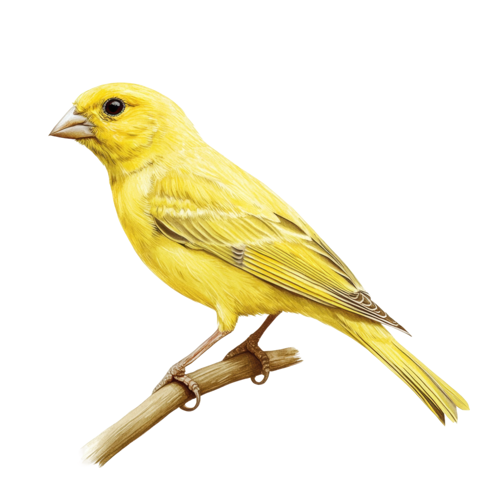 Bright yellow canary perched serenely on a wooden branch png
