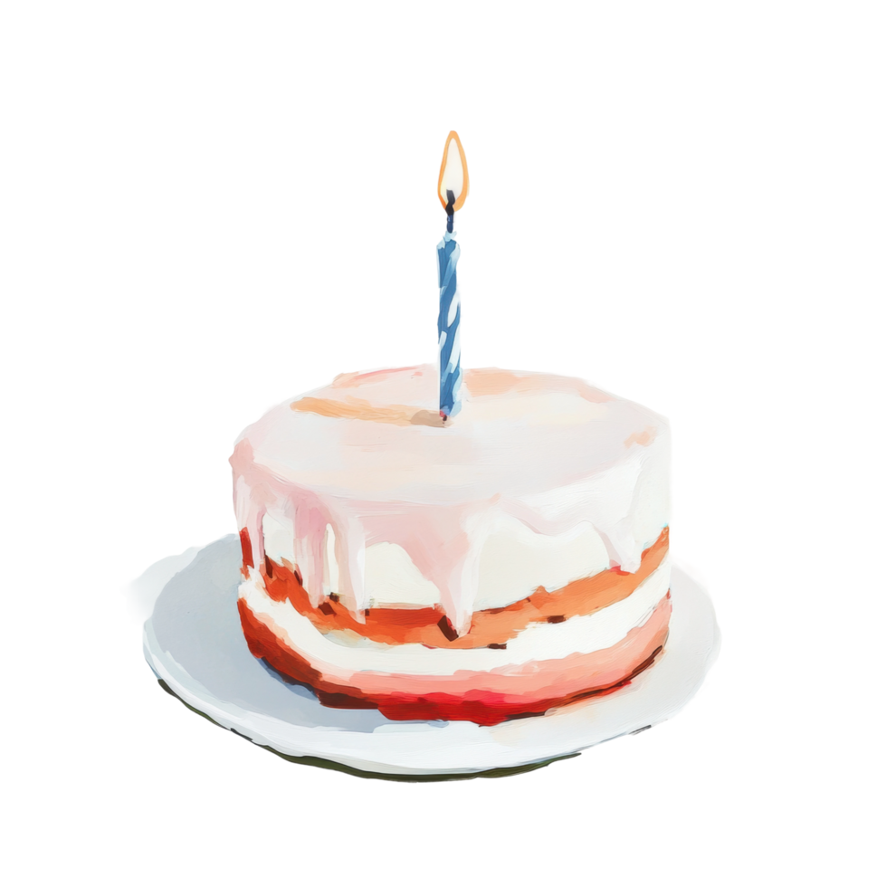 Single tier frosted birthday cake with lit candle on plate png