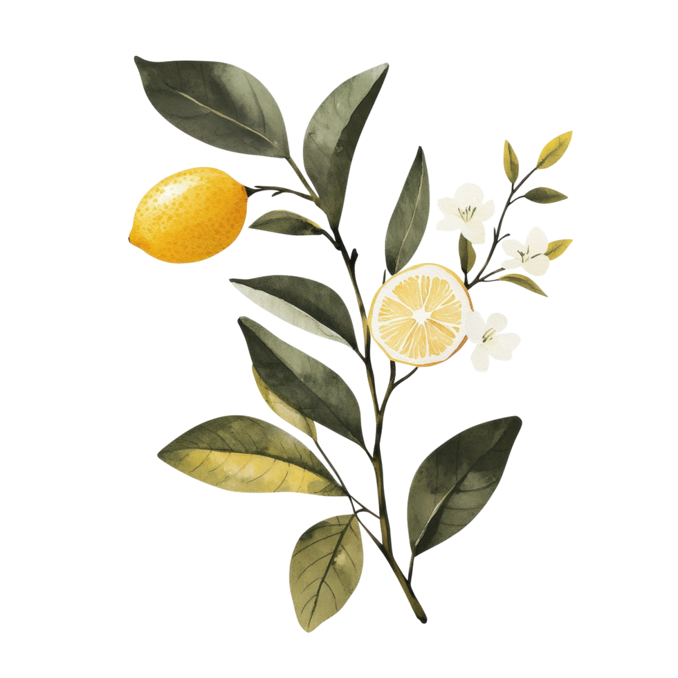 Lemon branch with white blossoms and fresh green leaves png