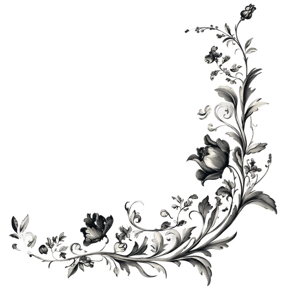 Elegant floral corner design with detailed silver leaves and blossoms png