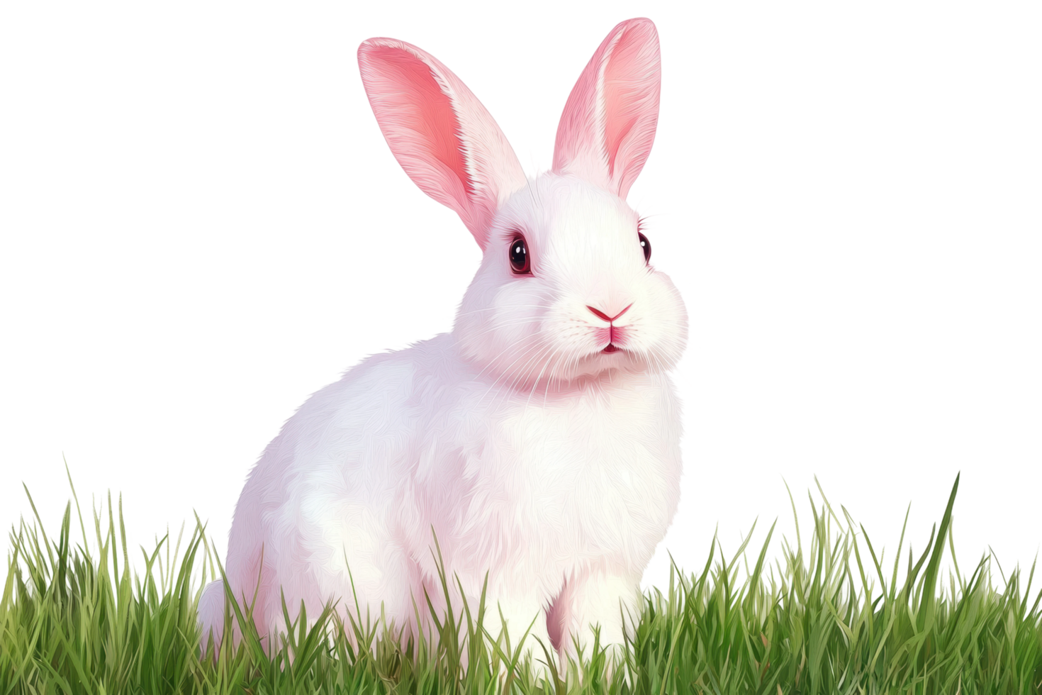 Cute white rabbit sitting in grass with upright ears and pink features png