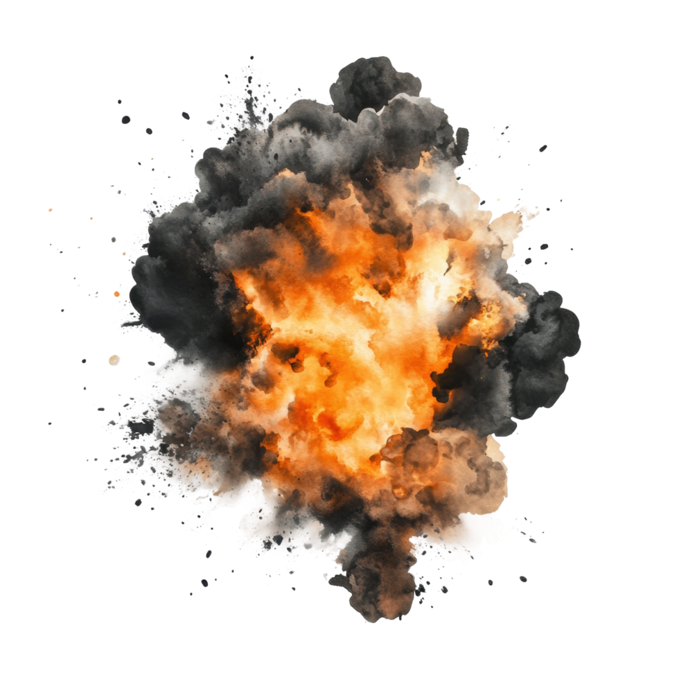 Fiery explosion with smoke plumes and debris in motion png
