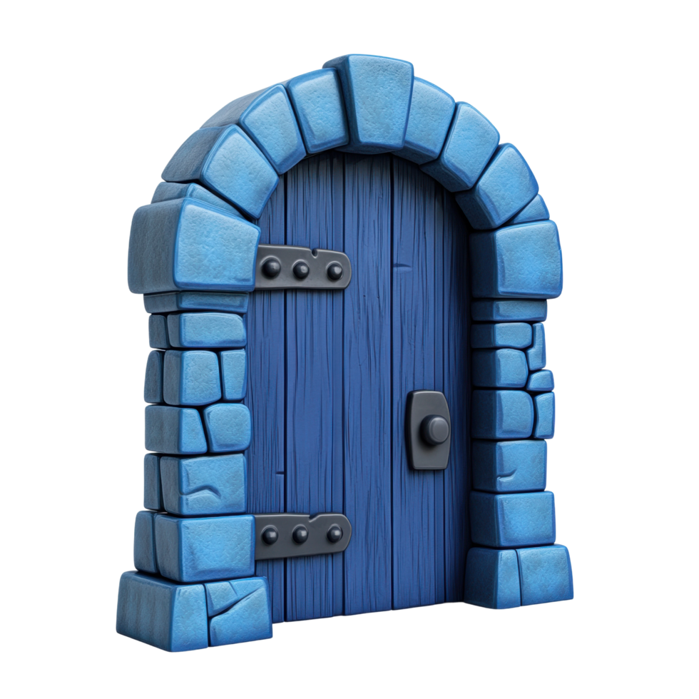 Stone archway and blue wooden door with black hinges png