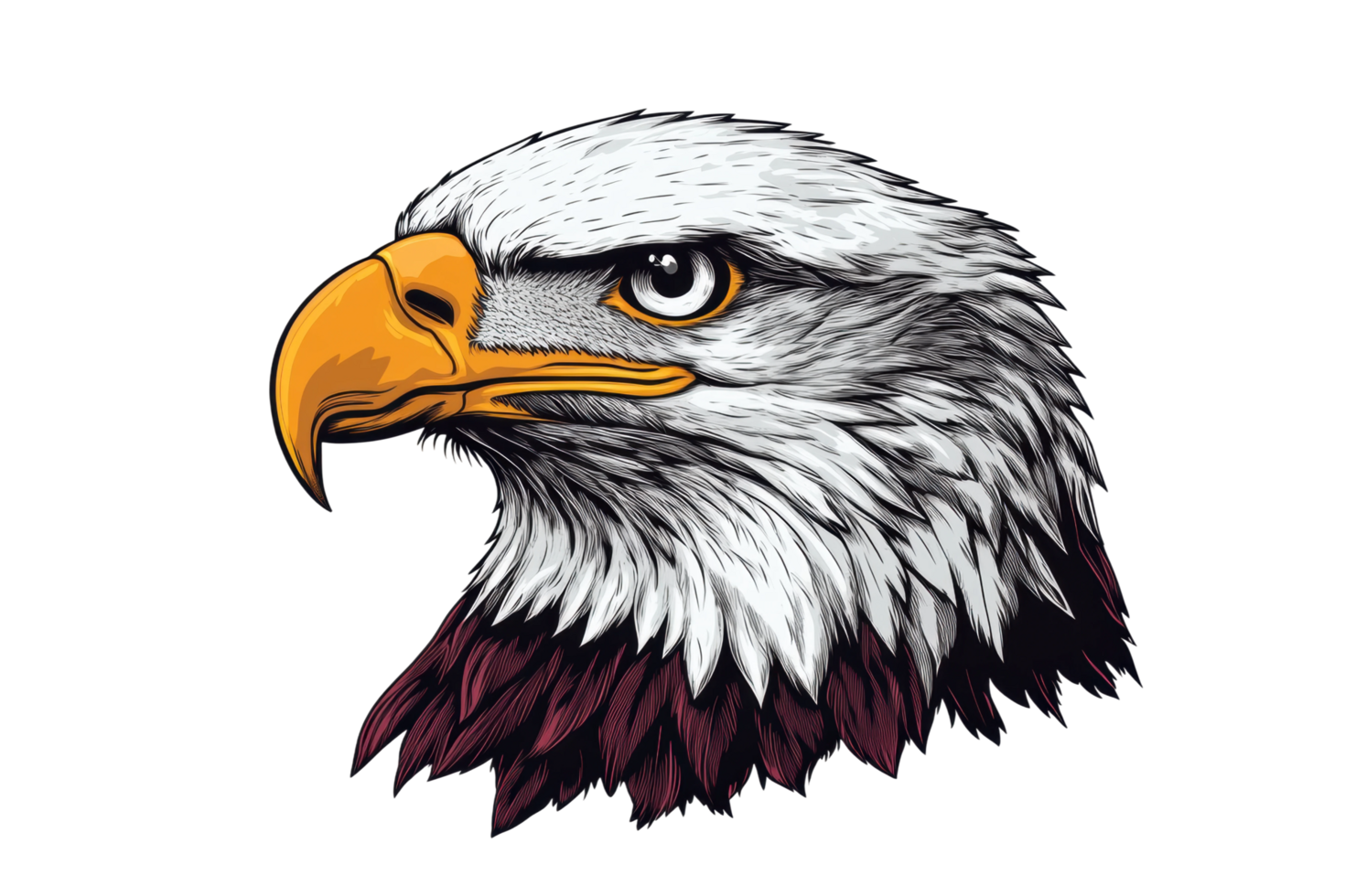 Detailed bald eagle portrait with intense gaze and majestic feather detail png