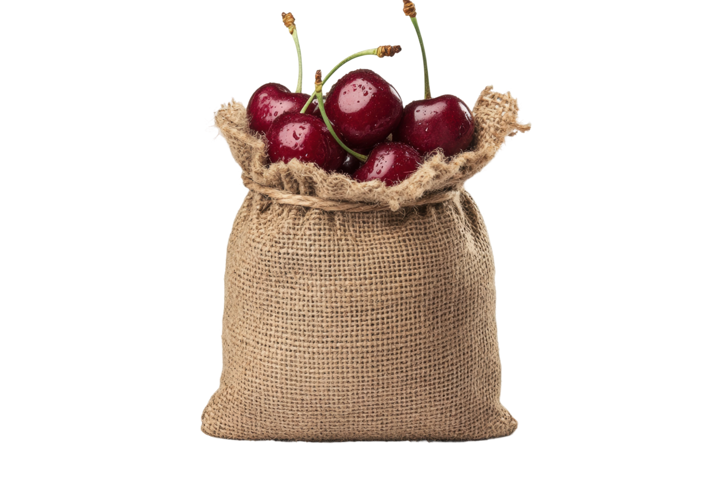 Fresh cherries in burlap sack with stems and dew drops png