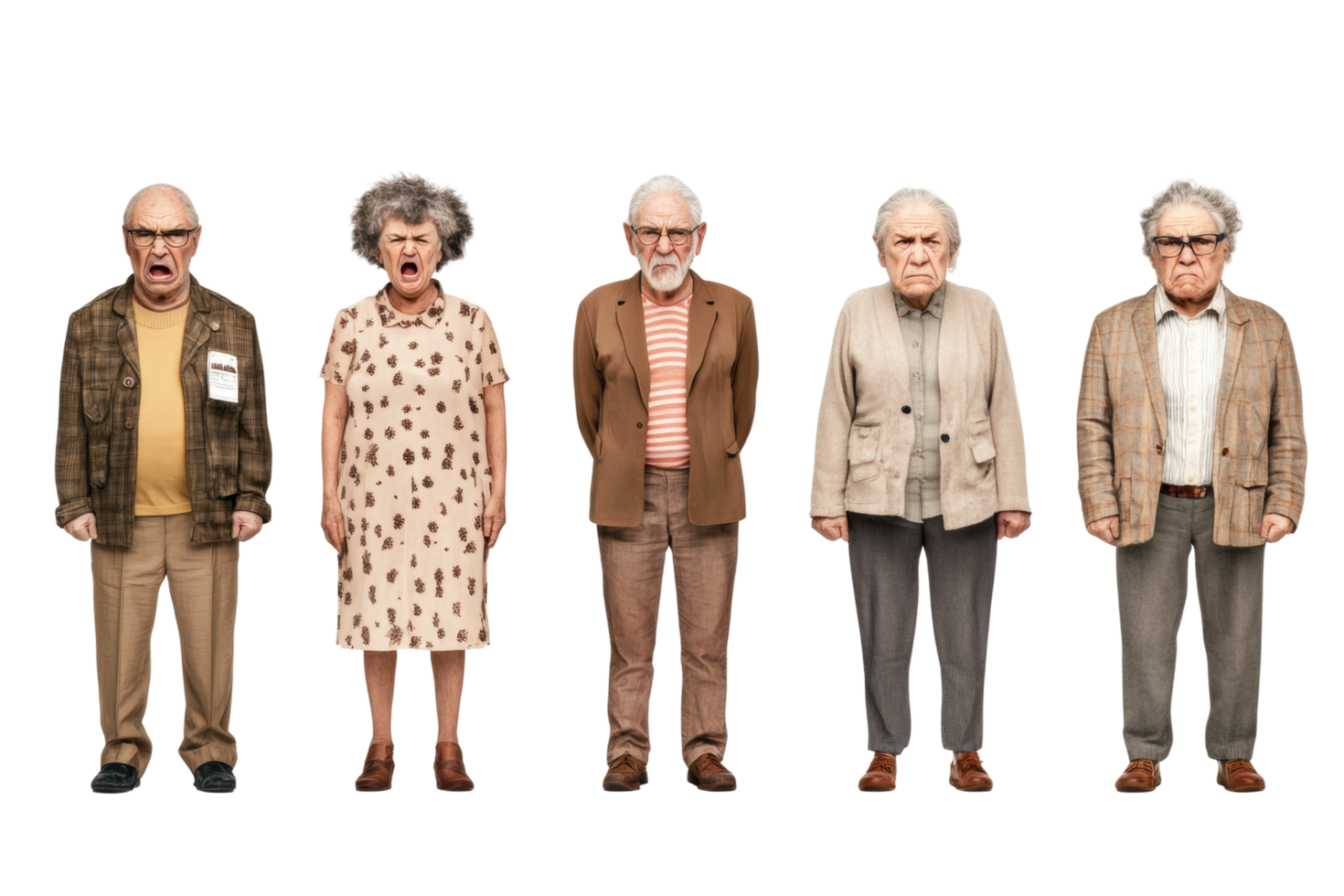 Group of elderly caucasian individuals expressing emotions and personalities png