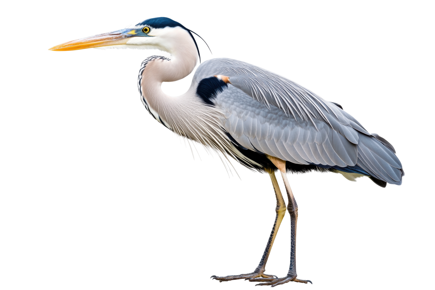 Great blue heron in profile with detailed plumage and slender legs png