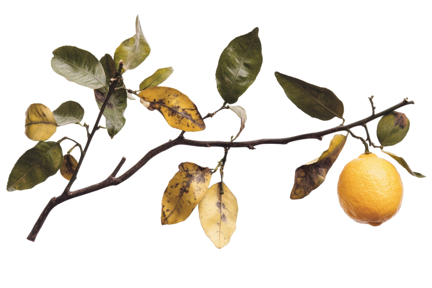 Lemon tree branch with green and yellow leaves and a single ripe lemon png