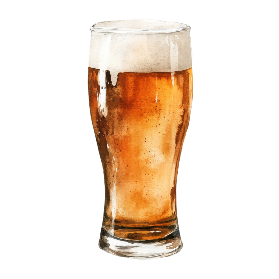 Tall glass of amber beer with frothy head on transparent background png
