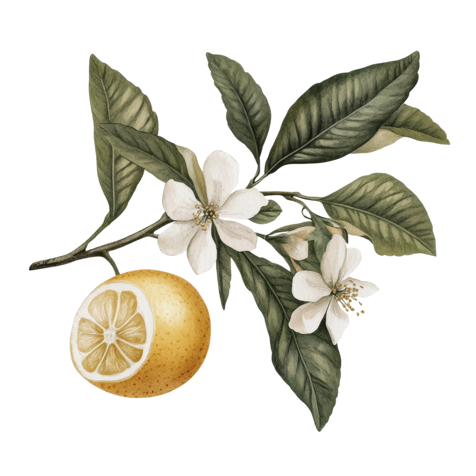 Botanical lemon branch with white flowers and green leaves png