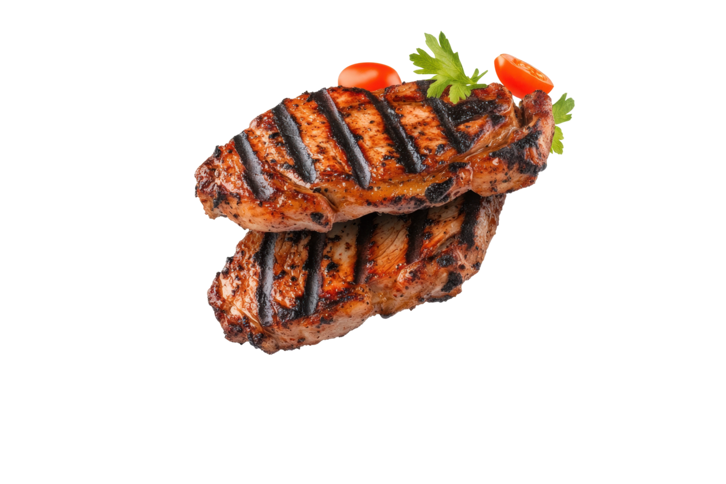 Grilled ribeye steak with cherry tomatoes and parsley garnish png
