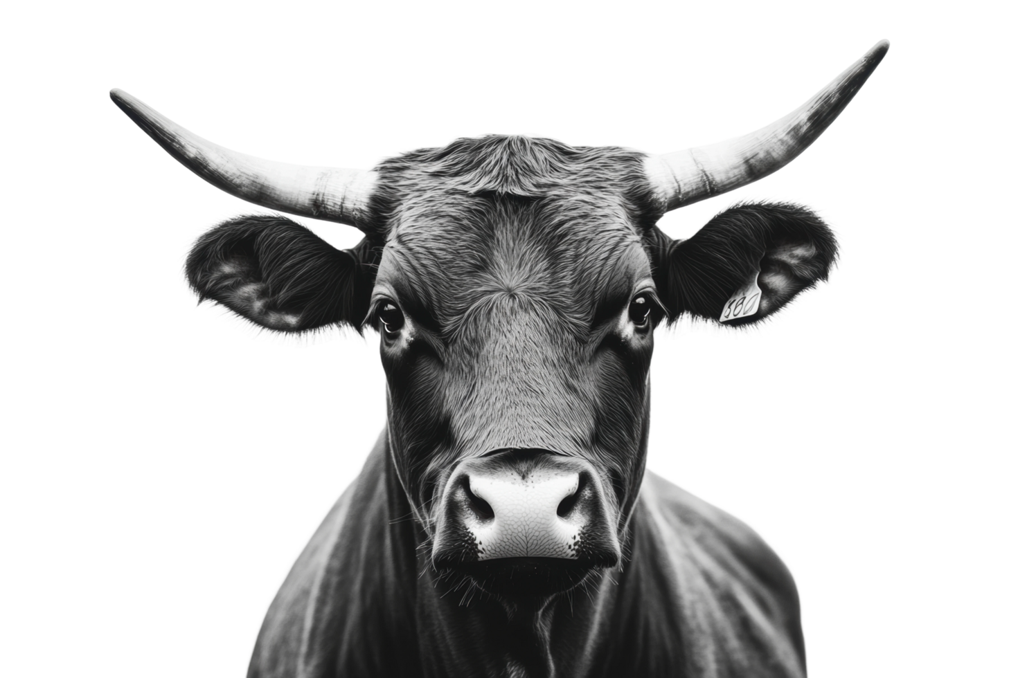 Close-up of majestic bull with prominent horns in monochrome png