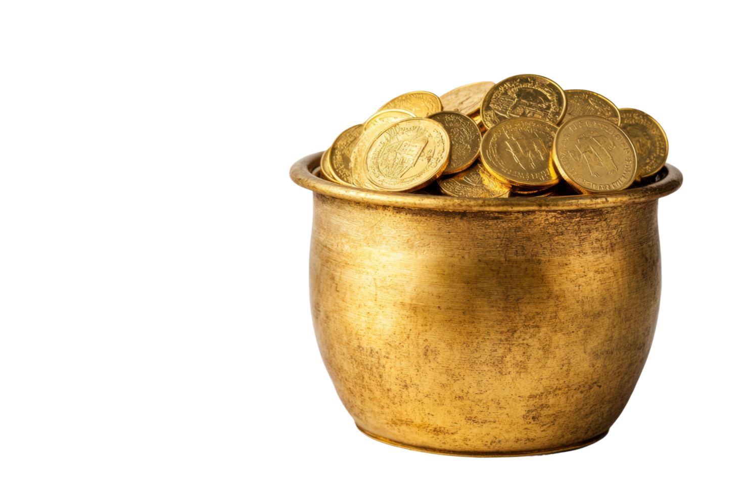 Golden coins overflowing from a brass pot filled with richness and wealth png