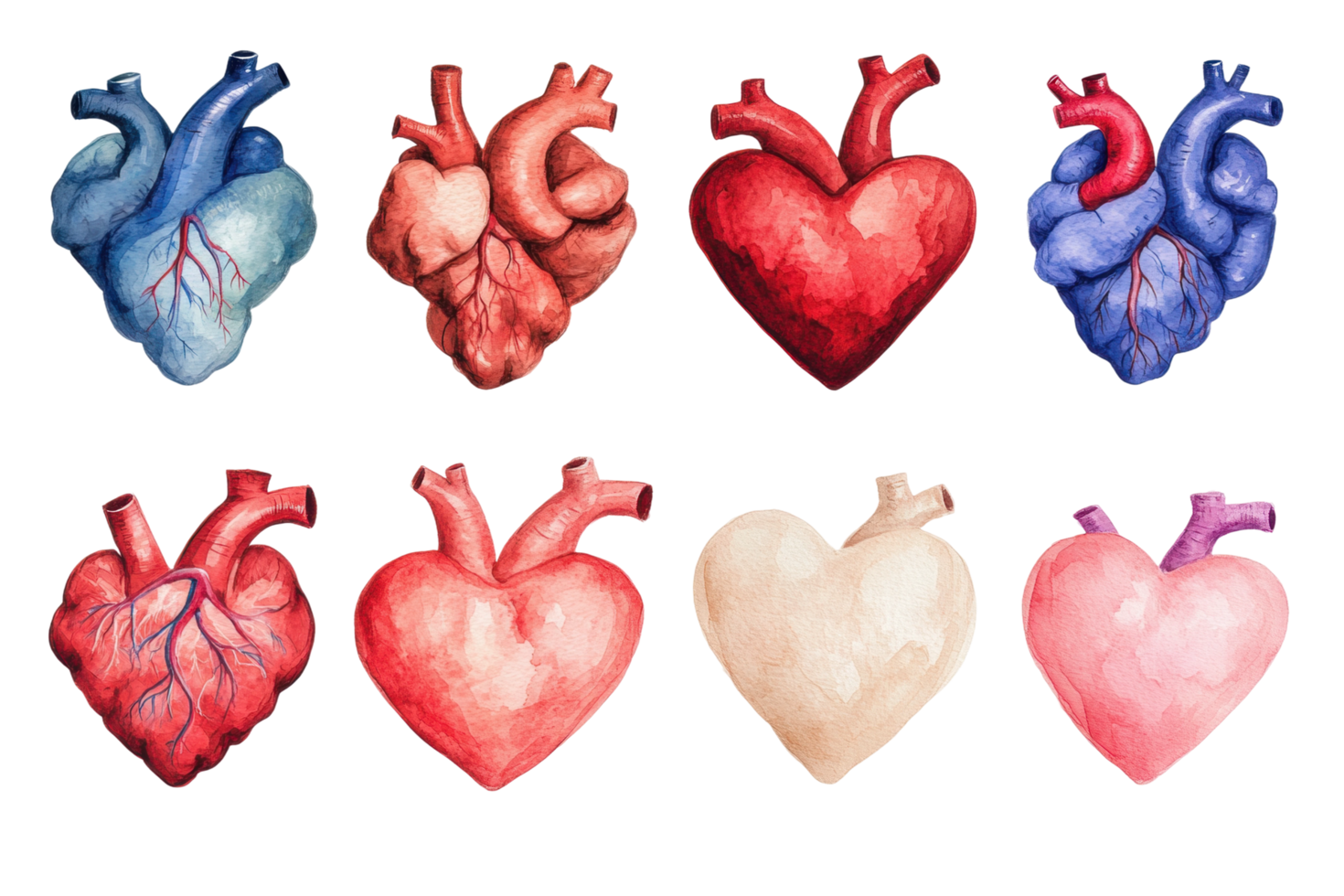 Artistic illustrations of anatomical and stylized hearts in various colors and designs png