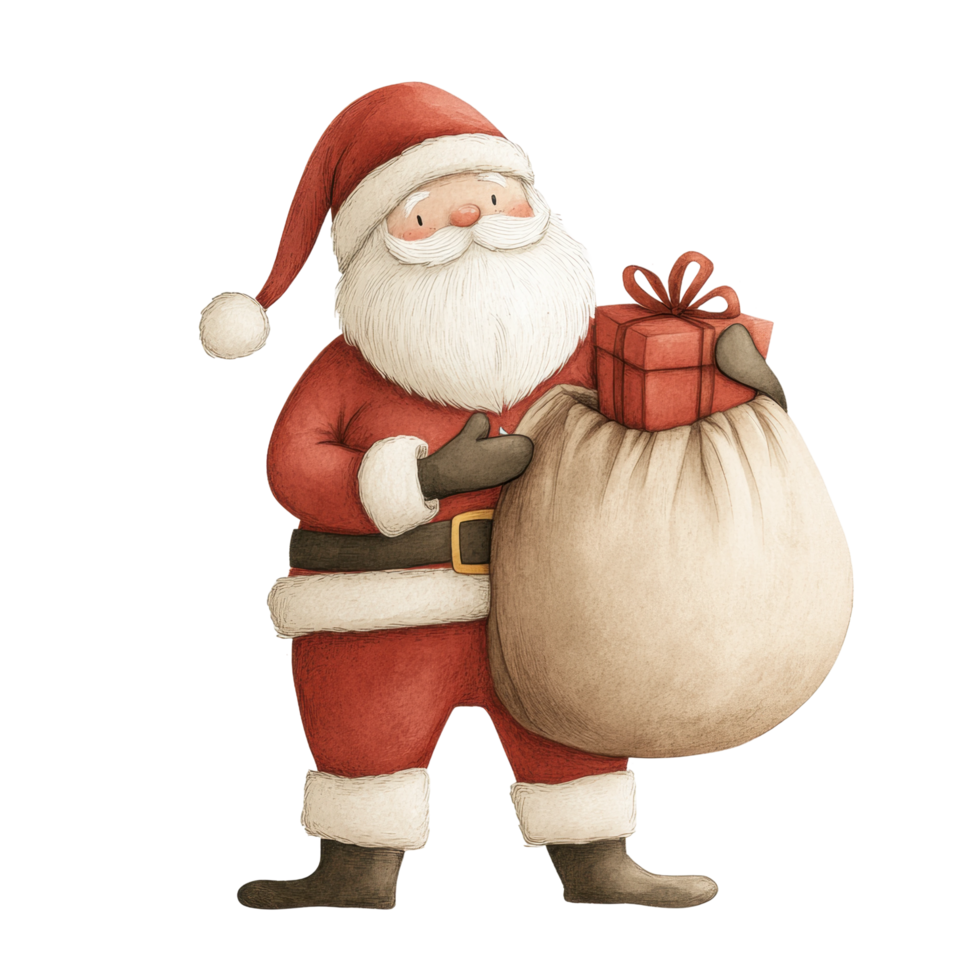 Jolly santa claus with sack and gift png