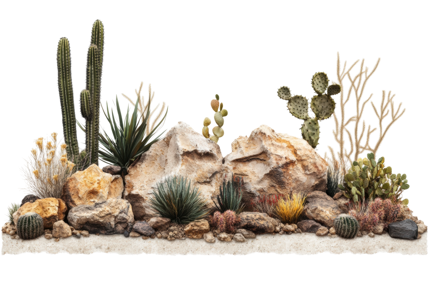Diverse desert cacti and rocks in natural arrangement png