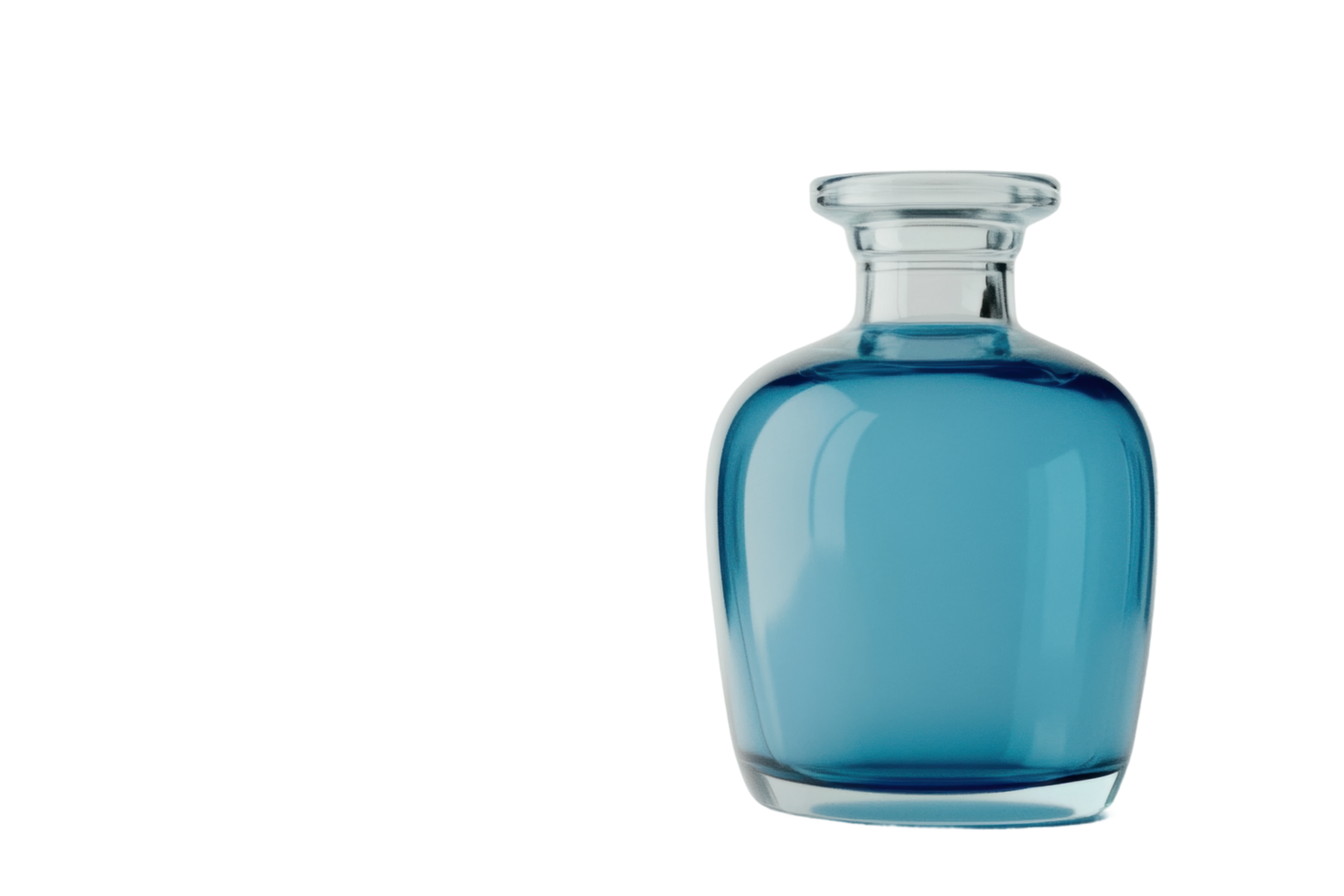 Transparent glass bottle with blue liquid on white surface png