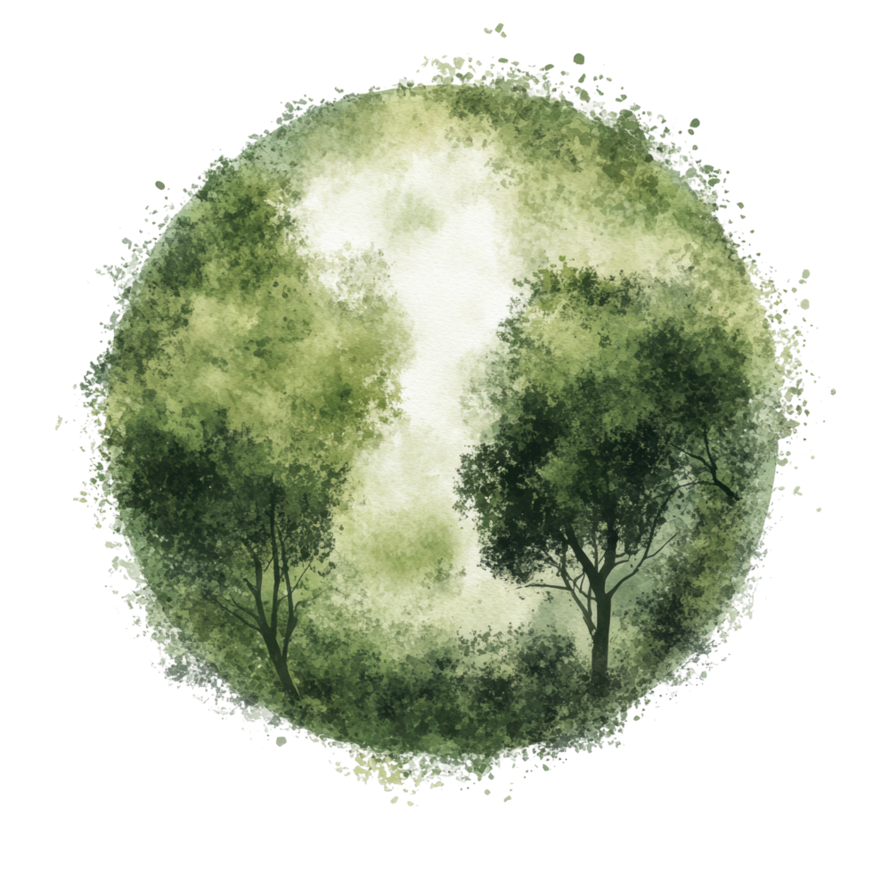 Circular forest scene with lush trees and soft hues png