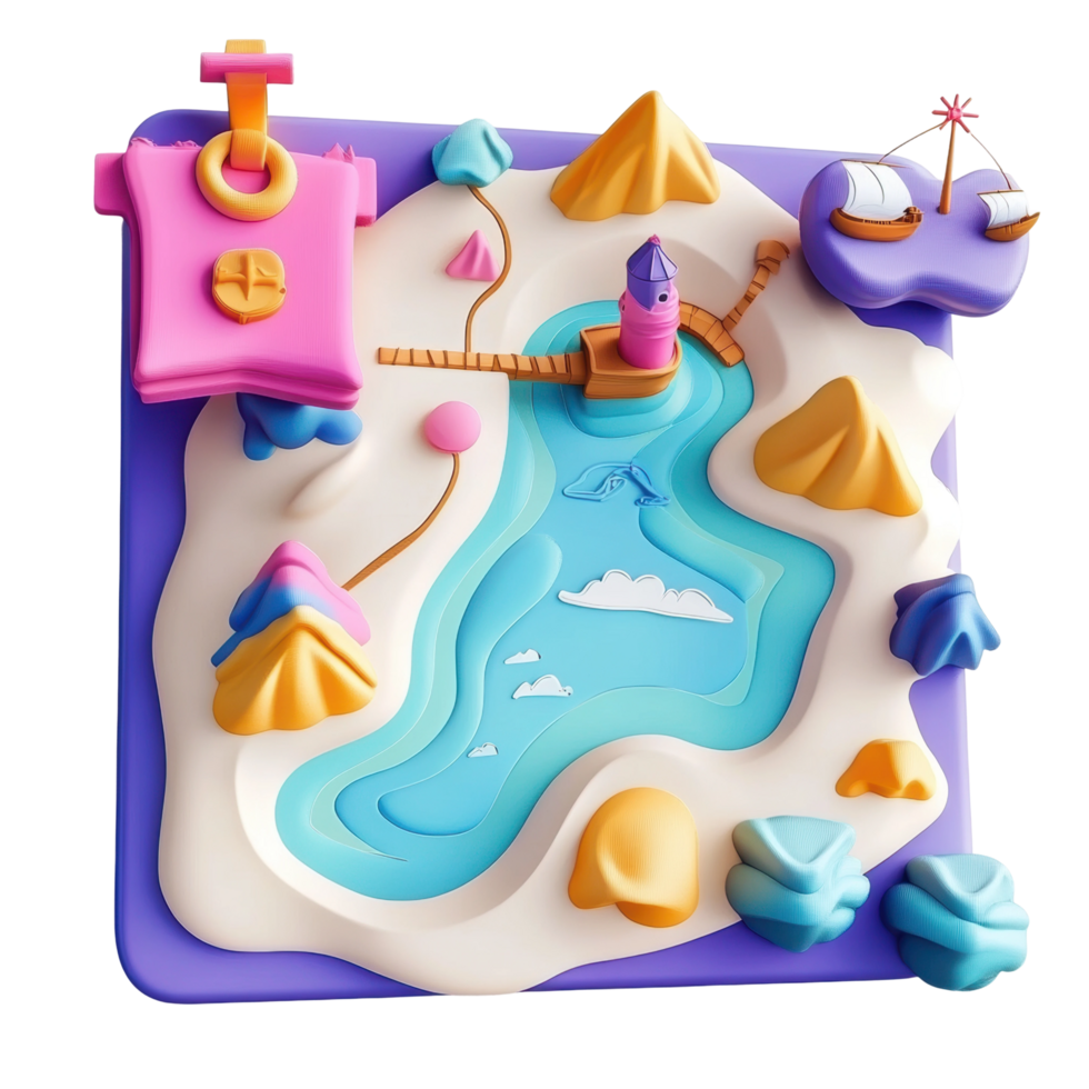 Whimsical cartoon island scene with tower and boats in vibrant colors png