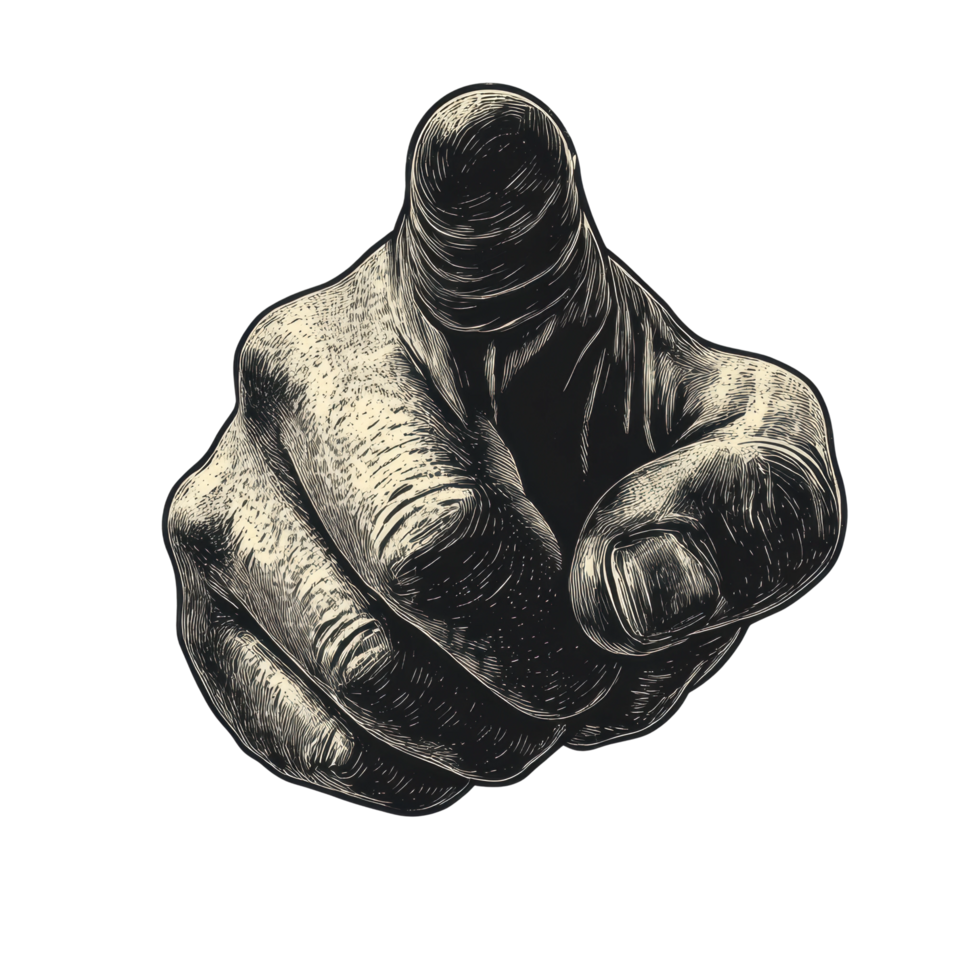 Engraved style human hand pointing forward gesture illustration png